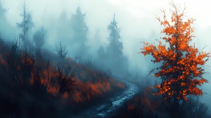  a fog-covered forest, creating a peaceful and mysterious atmosphere ideal for seasonal stock imagery.