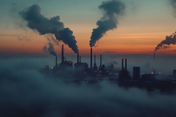 Obraz premium A series of factories emit thick columns of smoke into a misty urban horizon, juxtaposing the rigid industrial structures against a tranquil, diffused light.