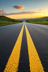 Naklejka premium Scenic view of a winding road with sunset lighting in the mountains during late evening hours