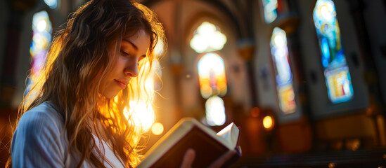 Young woman reading Bible, double exposure with cathedral interior