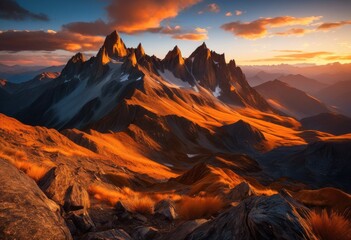 Naklejka premium stunning sunrise casting golden light over jagged mountain peaks beneath clear sky enveloping majestic landscape, aerial, altitude, awareness, backdrop