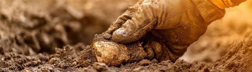 A gloved hand carefully removes a potato from the soil, highlighting the connection between agriculture and the harvesting process.