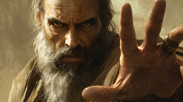 Micah, who raises his hand upright to warn and criticize the Israelites and their leaders for committing injustices, a figure mentioned in the Bible.