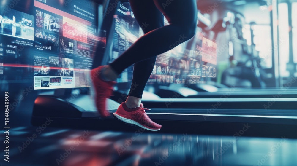 Poster a dynamic scene of a person sprinting on a treadmill that displays various news headlines, symbolizi