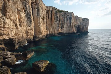 The image captures stunning coastal cliffs with a deep, blue ocean below, showcasing the rugged...