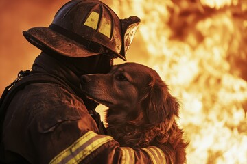 A firefighter embraces a dog amidst flames, showcasing a powerful moment of compassion and bravery during a rescue operation.