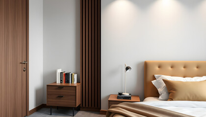 Stylish hotel bedroom interior with bed, nightstand with books and mock up wall isolated with white highlights, png