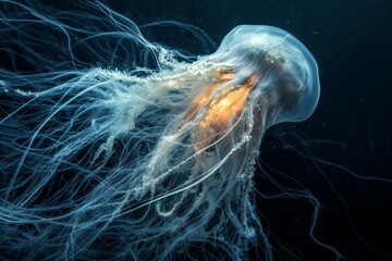 A stunning jellyfish drifts gracefully in the dark ocean depths, its brightly colored tentacles trailing behind, reflecting the beauty and mystery of marine life.