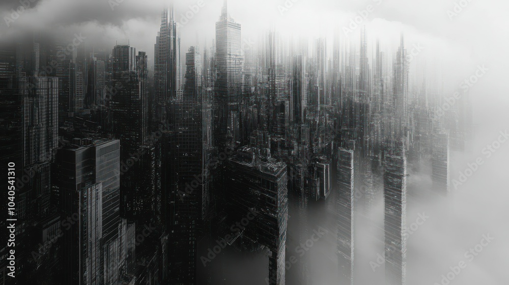 Poster an abstract depiction of a futuristic city enveloped in fog