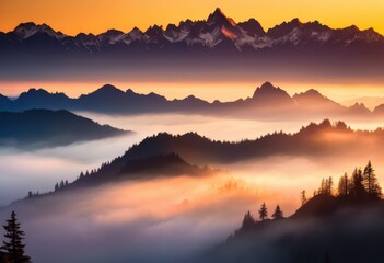 Obraz premium majestic mountain range silhouetted sunrise surrounded ethereal fog delicate light patterns, aerial, adventure, breathtaking, beauty, cloud, colors, dawn