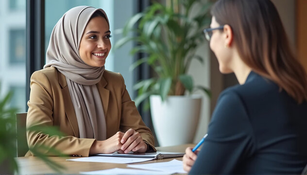 Chatting with a smiling European colleague at the meeting table is a contented young Arab businesswoman wearing a headscarf. Speaking about collaboration and a project, two young, varied businesswomen