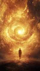 Fototapeta premium A person stands in awe before a swirling cosmic vortex glowing with fiery colors in a dark, starry setting during twilight