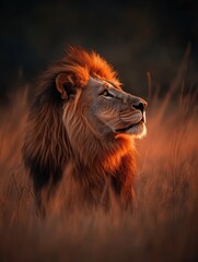 Naklejka premium Majestic Lion Gazing into the Distance at Sunset - Powerful Wildlife Portrait in African Grasslands