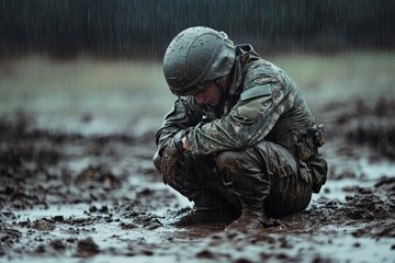 A warrior is seen crouching in a muddy field, enveloped by rainy conditions, illustrating the challenges faced, adaptability, and grit required in tough scenarios.