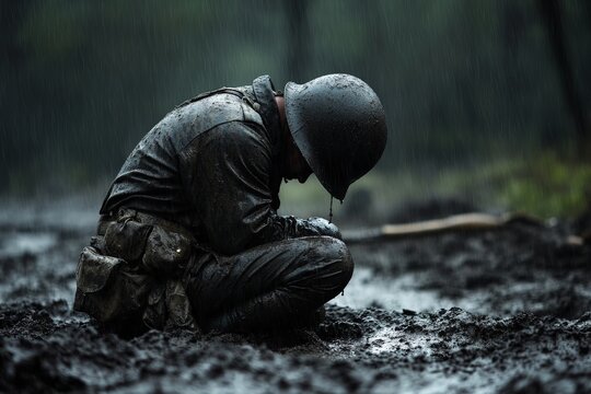 A soldier is depicted kneeling in the muddy terrain with raindrops falling, capturing a somber and reflective moment in the midst of challenging conditions.