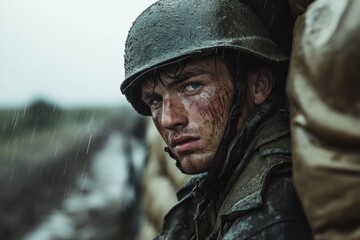 Obraz premium A rain-drenched soldier with an intense look of determination stands in uniform by sandbags, capturing the raw challenge and fortitude in a battlefield setting.