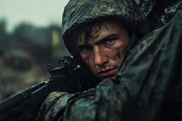 Obraz premium A wet soldier is seen aiming his rifle, maintaining intense concentration amidst a heavy downpour, highlighting themes of vigilance and preparedness.