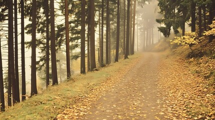 Fototapeta premium Misty autumn woodland, with colorful foliage and dense fog obscuring the background, perfect for tranquil and reflective nature-themed visuals.