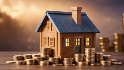 Charming tiny house surrounded by piles of coins, representing the economic benefits of downsizing in real estate and financial savings for cost-effective living
