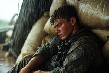 Obraz premium A soldier sits drenched in rain beside sandbags, head bowed, reflecting an intense moment of exhaustion, introspection, and unyielding courage amidst conflict.