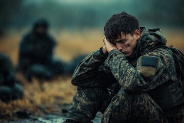 A fatigued soldier sits on muddy ground during a downpour, his posture and expression reflecting exhaustion, thoughtfulness, and an enduring spirit amidst battle challenges.