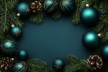 Green christmas balls and fir with cone on dark green background. Frame template for christmas, new year and festive winter parties and sales with space for text