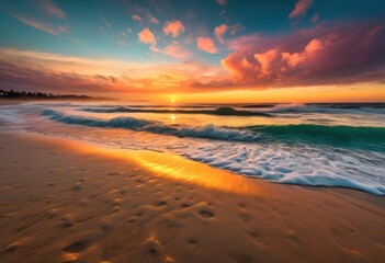Fototapeta premium breathtaking sunrise over vibrant coastal landscapes showcasing lush colors serene atmosphere ocean, beach, sunset, dawn, seaside, horizon, waves, rocks