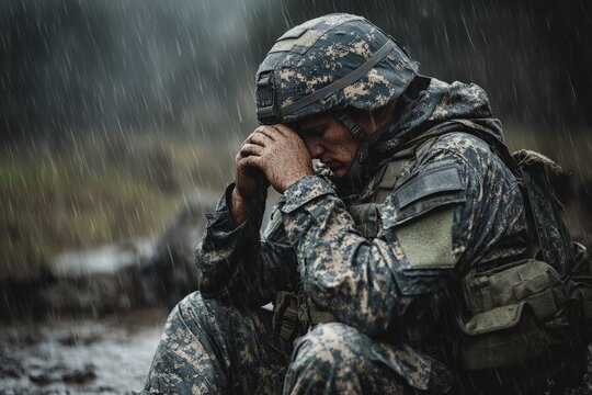 A soldier in tactical gear sits in a rainstorm, reflecting deeply. His pose conveys solitude and contemplation, highlighting the emotional toll of warfare.
