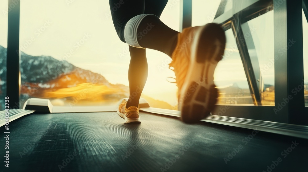 Poster a dynamic shot of a person running on a treadmill with scenery changing rapidly in the background, s