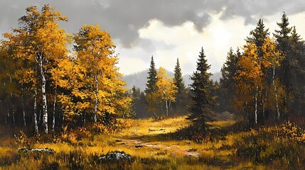 Fototapeta premium Misty autumn woodland, with colorful foliage and dense fog obscuring the background, perfect for tranquil and reflective nature-themed visuals.