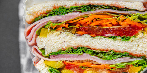 sandwich food vegetables and ham meat spam fresh meal food snack on the table copy space food...