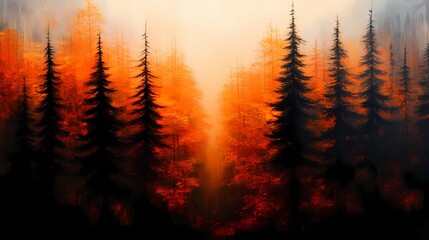 Fototapeta premium Misty autumn woodland, with colorful foliage and dense fog obscuring the background, perfect for tranquil and reflective nature-themed visuals.