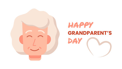 Cute Portrait of Grandma, text Happy Grandparents day. Grandmother. Greeting card for Granny. Drawn heart. Smiling head of old elderly woman. Banner with congratulations holiday. Vector illustration.