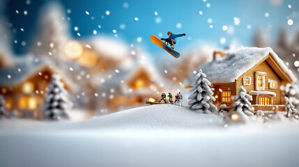 Winter Sports Enthusiasts Enjoy Skiing and Snowboarding in a Snowy Mountain Resort Landscape