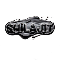 The word &ldquo;SHILAJIT&rdquo; is imprinted into a thick, glossy black liquid resin, creating a textured, flowing look on a transparent background.