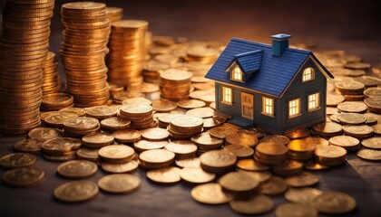 Charming tiny house surrounded by piles of coins, representing the economic benefits of downsizing in real estate and financial savings for cost-effective living
