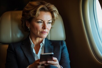 A mature, contemplative woman with short brown hair holds a smartphone, gazing thoughtfully out the window of a private jet, reflecting on her journey.