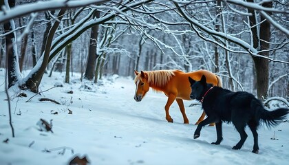A fox-colored horse standing alert in a snowy forest, a black dog beside it, both gazing towards a distant sound, surrounded by frosted trees and a serene winter atmosphere.
