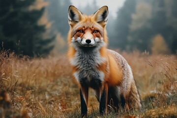 Naklejka premium A red fox stands gracefully in a forest clearing surrounded by autumn foliage during daylight