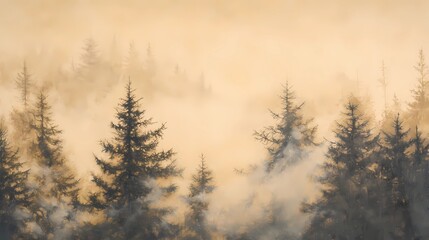 Foggy morning in an autumn forest, with orange and yellow leaves on the trees, creating a peaceful and calming seasonal landscape.