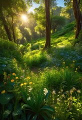 Obraz premium lush vibrant green landscape showcasing diverse flora unique textures captivating natural beauty, backyard, botanical, bloom, cabin, canopy, dirt