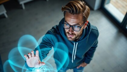 Futuristic Technology Concepts Person Interacting with Holographic Interface in Modern Workspace