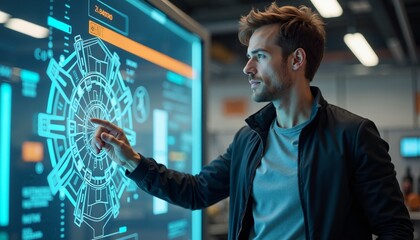 Futuristic Technology Concepts Person Interacting with Holographic Interface in Modern Workspace