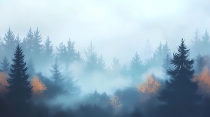 Fototapeta premium Foggy morning in an autumn forest, with orange and yellow leaves on the trees, creating a peaceful and calming seasonal landscape.