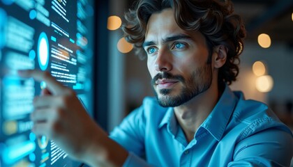 Futuristic Technology Concepts Person Interacting with Holographic Interface in Modern Workspace