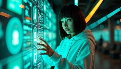 Futuristic Technology Concepts Person Interacting with Holographic Interface in Modern Workspace