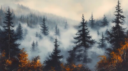 Foggy morning in an autumn forest, with orange and yellow leaves on the trees, creating a peaceful and calming seasonal landscape.