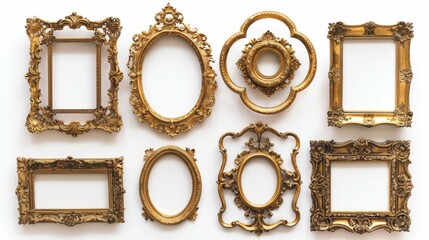 Antique gold frames, each with unique ornate designs, isolated on a white background