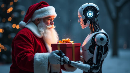 Futuristic holiday encounter: santa claus meets ai robot with gift exchange