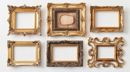 Antique gold frames, each with unique ornate designs, isolated on a white background